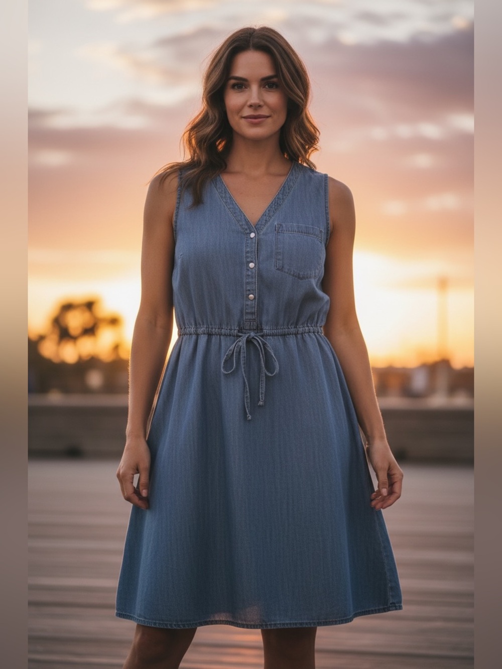 St. John's Bay Sleeveless Chambray Tie-Waist Dress - Denim Blue-Size Large